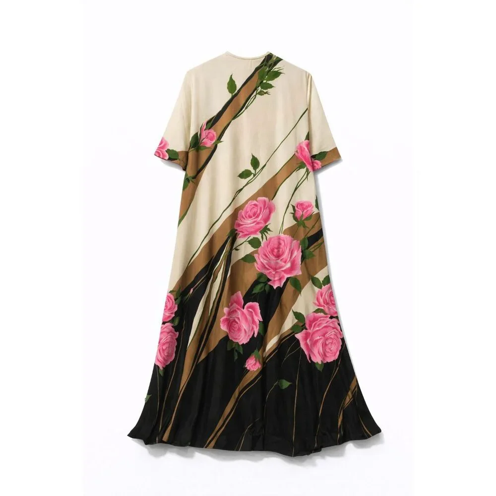 Vintage 1960s Butterfield 8 Big Flower Rose Half Zip House Robe Kaftan Dress, M - Picture 7 of 7
